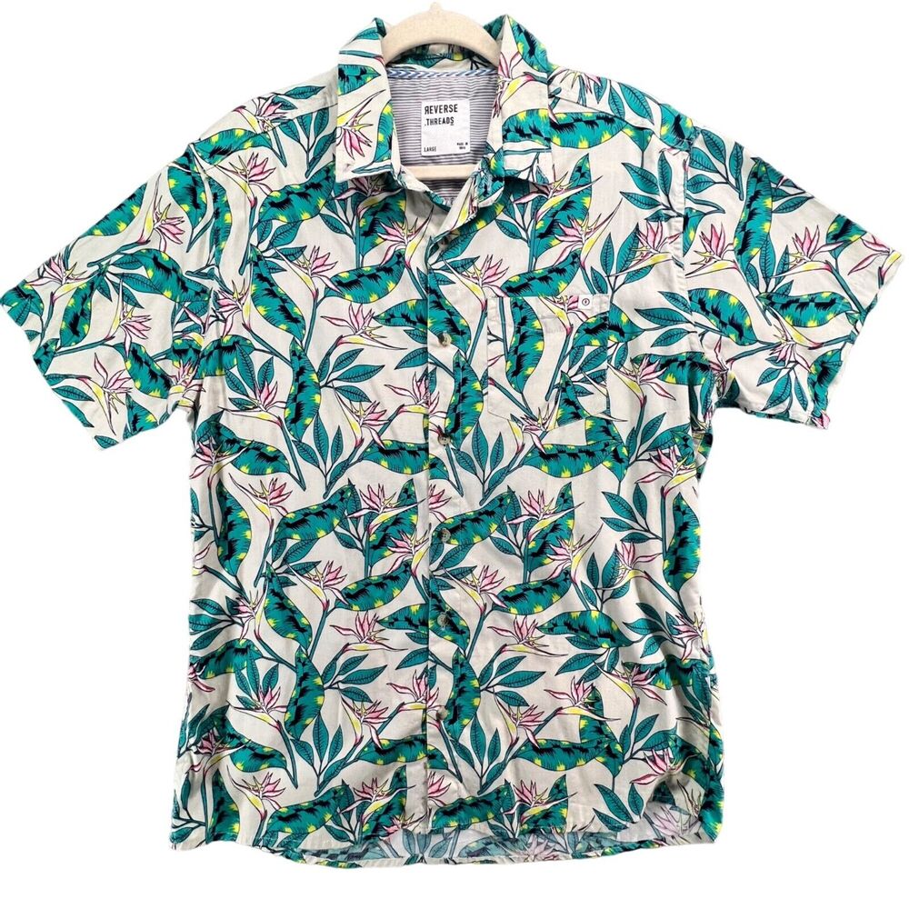 Reverse‎ Threads Shirt Mens L Green Khaki Paradise Button Up Hawaii Beach Resort